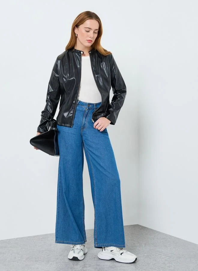 تايك تو جاكيت بايكر سادة بأكمام طويلة وسحاب