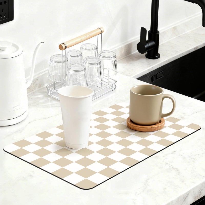 Yinoos 12" x 20" Checkered Dish Drying Mat for Kitchen Counter, Absorbent Coffee Bar Mat for Espresso Machine Coffee Countertops Accessories (Khaki) - Image 1
