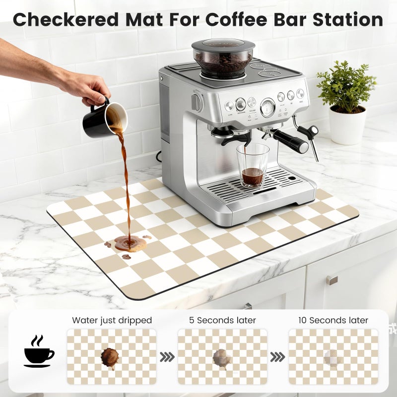 Yinoos 12" x 20" Checkered Dish Drying Mat for Kitchen Counter, Absorbent Coffee Bar Mat for Espresso Machine Coffee Countertops Accessories (Khaki) - Image 4