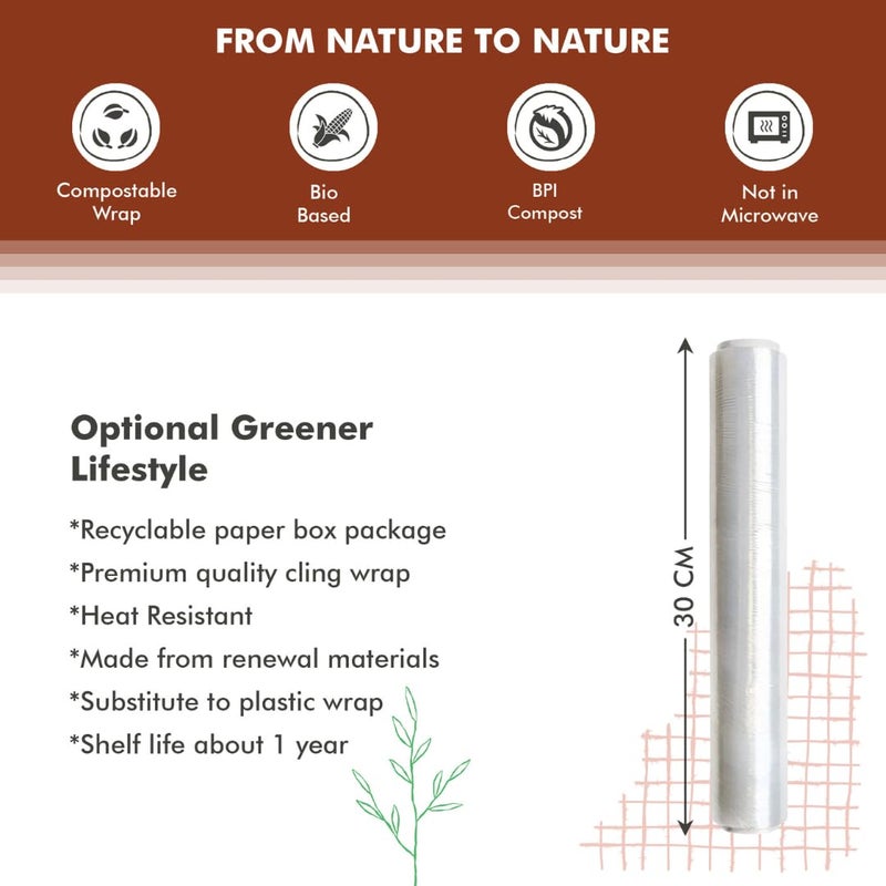 GREENDOT BIOPAK Biodegradable & Compostable Bio Cling Film Wrap (100m x 30cm), Made from Corn Starch, Ideal for Food Storage & Packing, Plastic-Free, BPA-Free, Food-Safe Multipurpose Food Cling Film - Image 4