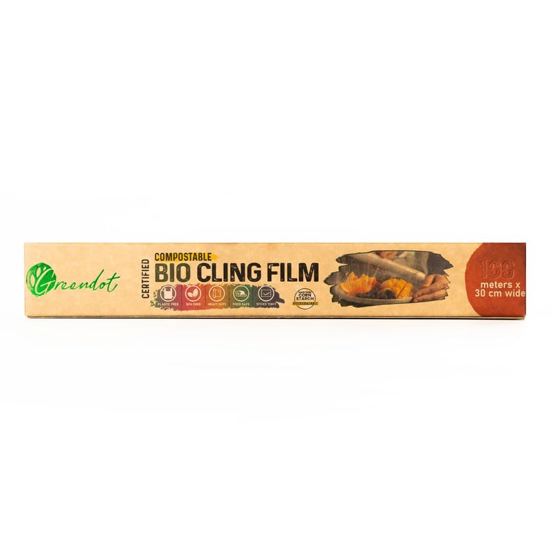 GREENDOT BIOPAK Biodegradable & Compostable Bio Cling Film Wrap (100m x 30cm), Made from Corn Starch, Ideal for Food Storage & Packing, Plastic-Free, BPA-Free, Food-Safe Multipurpose Food Cling Film - Image 1