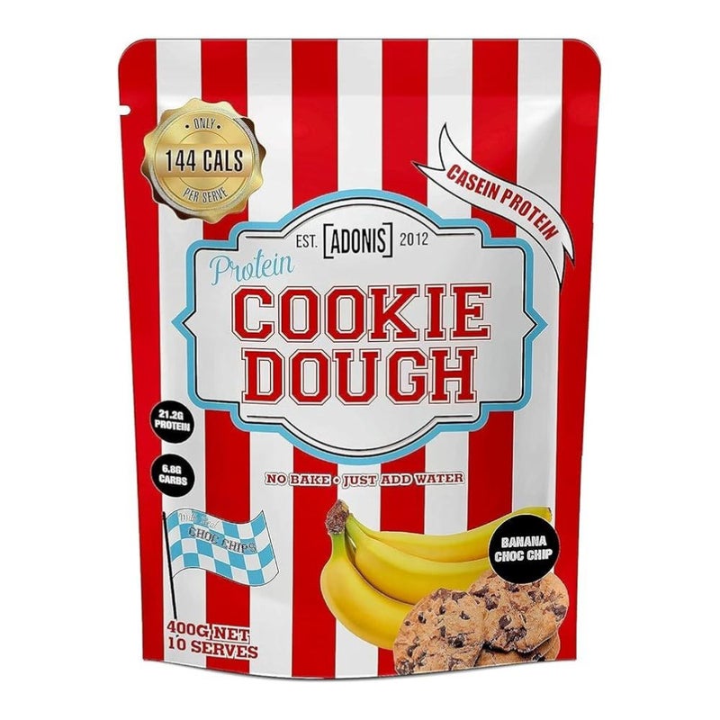 آدونیس عجينة كوكيز البروتين، رقائق الشوكولاتة والموز، 400 غرام - بروتين الكازين الممتاز، منخفض الكربوهيدرات، وجبة خفيفة غنية بالبروتين مع قطع الشوكولاتة الحقيقية