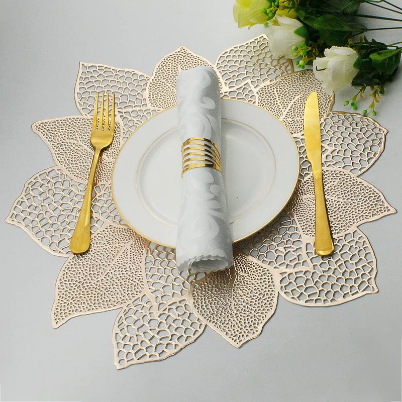 AdasBridal Gold Round Placemats for Dining Table Set of 6 Pressed Vinyl Metallic Table Mats Hollow Out Hibiscus Flower Place Mats for Dinner Decor Holiday Wedding Accent Centerpiece - Image 2