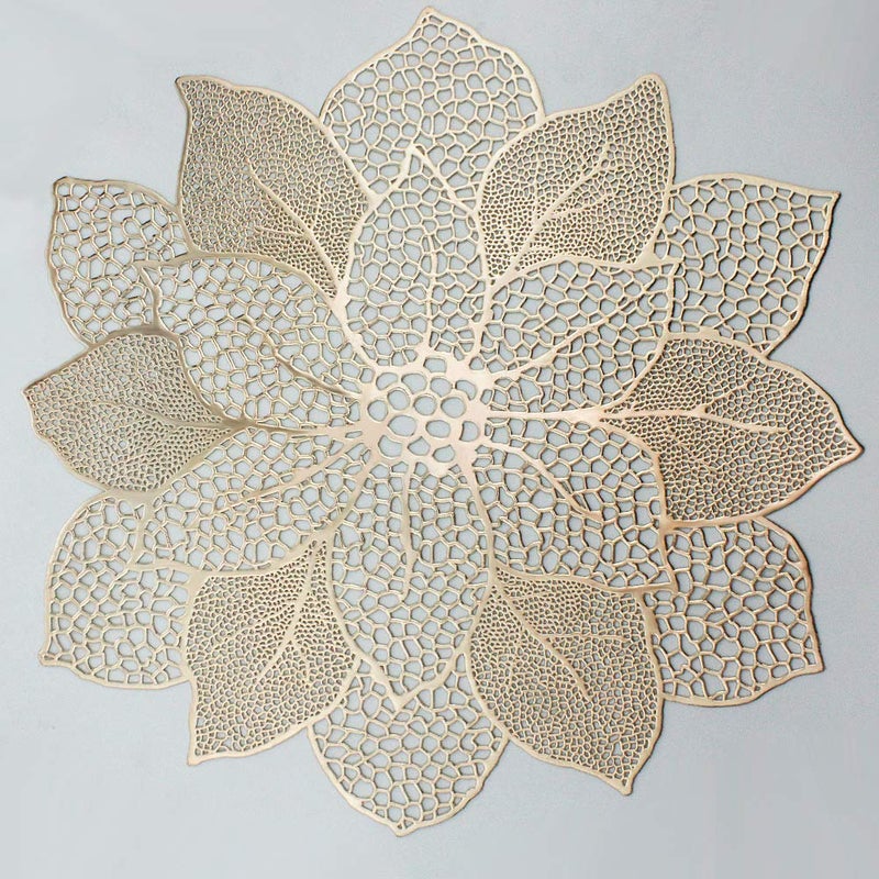 AdasBridal Gold Round Placemats for Dining Table Set of 6 Pressed Vinyl Metallic Table Mats Hollow Out Hibiscus Flower Place Mats for Dinner Decor Holiday Wedding Accent Centerpiece - Image 1