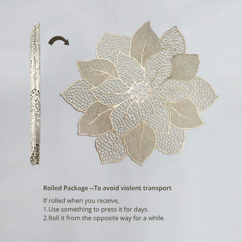 AdasBridal Gold Round Placemats for Dining Table Set of 6 Pressed Vinyl Metallic Table Mats Hollow Out Hibiscus Flower Place Mats for Dinner Decor Holiday Wedding Accent Centerpiece - Image 3