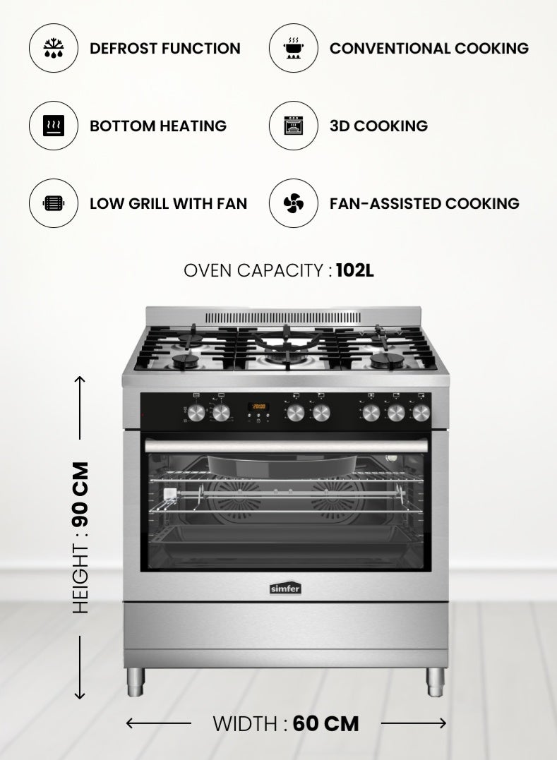 Simfer Gas Cooker 90x60 cm | 102L Oven Capacity | 5 Burner with Triple Wok | Gas Oven with Grill & Rotisserie | Turbo Fan x2 | Auto Ignition FFD Safety | Stainless Steel Body Black Glass | SMF9066SS Titan - Image 2