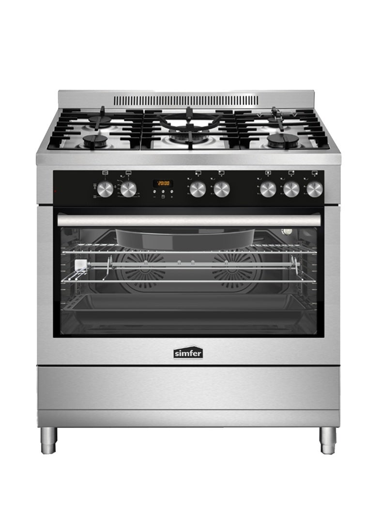 Simfer Gas Cooker 90x60 cm | 102L Oven Capacity | 5 Burner with Triple Wok | Gas Oven with Grill & Rotisserie | Turbo Fan x2 | Auto Ignition FFD Safety | Stainless Steel Body Black Glass | SMF9066SS Titan - Image 1