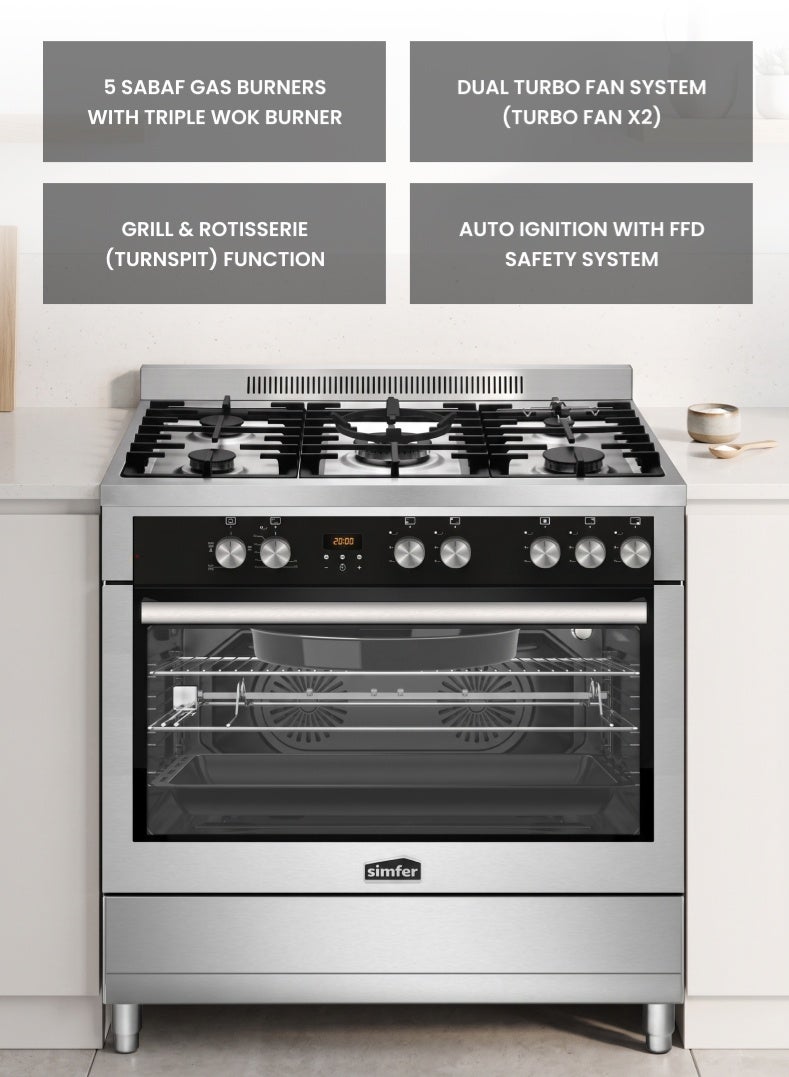 Simfer Gas Cooker 90x60 cm | 102L Oven Capacity | 5 Burner with Triple Wok | Gas Oven with Grill & Rotisserie | Turbo Fan x2 | Auto Ignition FFD Safety | Stainless Steel Body Black Glass | SMF9066SS Titan - Image 4