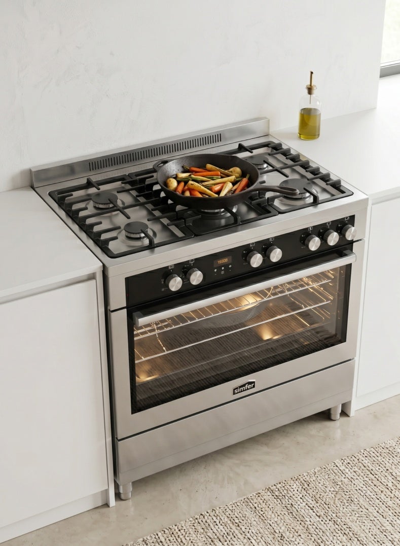 Simfer Gas Cooker 90x60 cm | 102L Oven Capacity | 5 Burner with Triple Wok | Gas Oven with Grill & Rotisserie | Turbo Fan x2 | Auto Ignition FFD Safety | Stainless Steel Body Black Glass | SMF9066SS Titan - Image 5