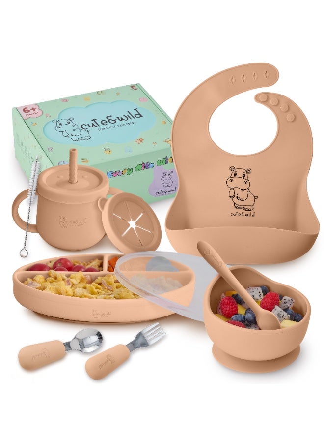 Cute and Wild Baby Silicone Baby Feeding Set with Gift Box, Suction Plate, Feeding Bowl, Bib, Sippy Cup, Spoon, Fork in Baby Food Eating Set, BPA Free Baby Led Wearning Set, 6M+, 10 Pcs, Caramel