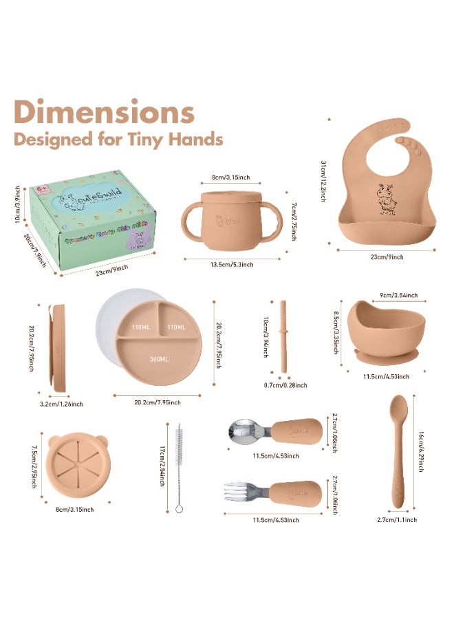 Cute and Wild Baby Silicone Baby Feeding Set with Gift Box, Suction Plate, Feeding Bowl, Bib, Sippy Cup, Spoon, Fork in Baby Food Eating Set, BPA Free Baby Led Wearning Set, 6M+, 10 Pcs, Caramel - Image 2