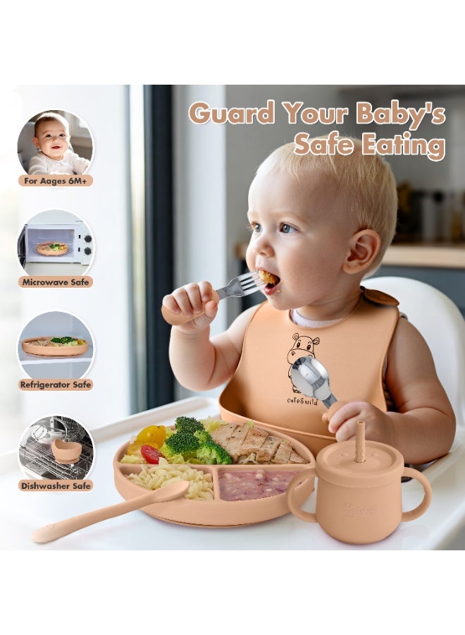Cute and Wild Baby Silicone Baby Feeding Set with Gift Box, Suction Plate, Feeding Bowl, Bib, Sippy Cup, Spoon, Fork in Baby Food Eating Set, BPA Free Baby Led Wearning Set, 6M+, 10 Pcs, Caramel - Image 3