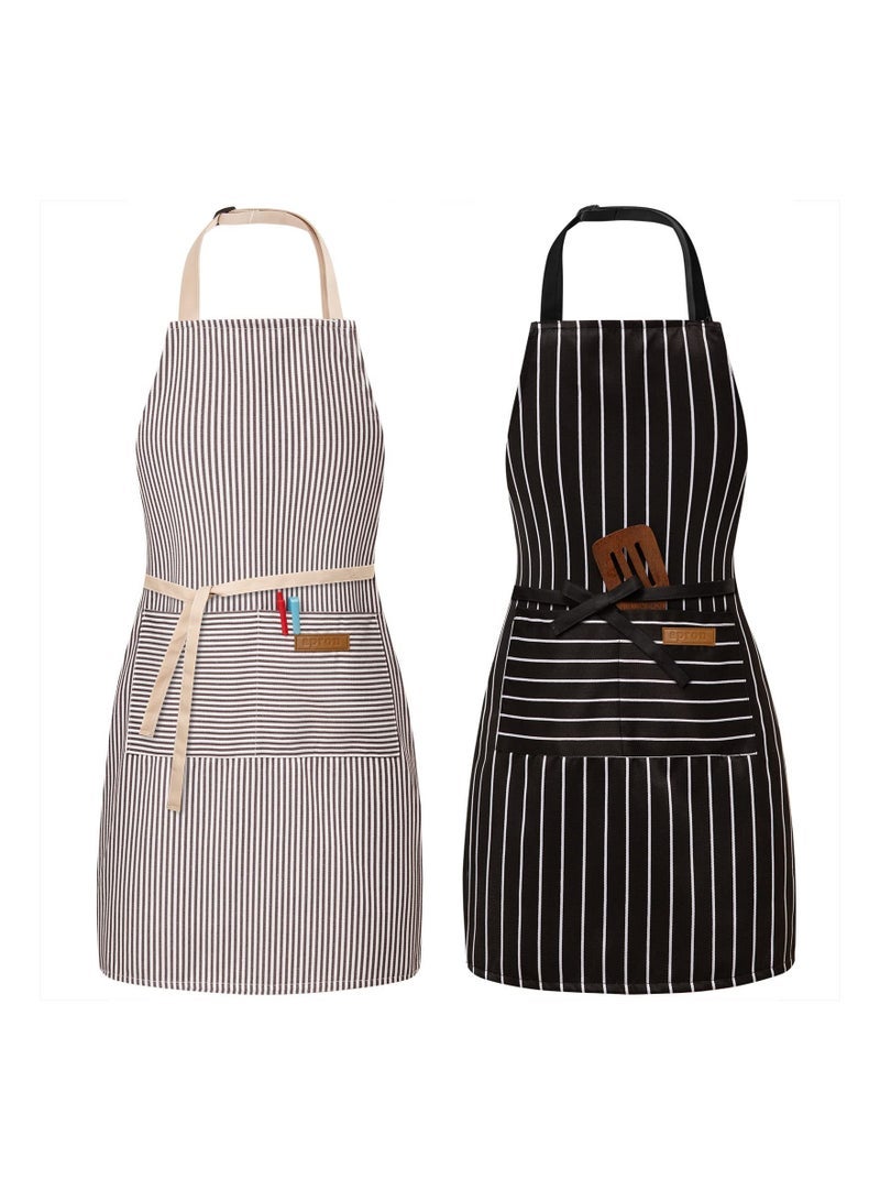 كابتن تيك 2Pcs Kitchen Cooking Apron for Men Women, Adjustable Bib Aprons with Pockets, Soft Chef Apron Cooking Apron, Black/Grey Stripes - Image 1
