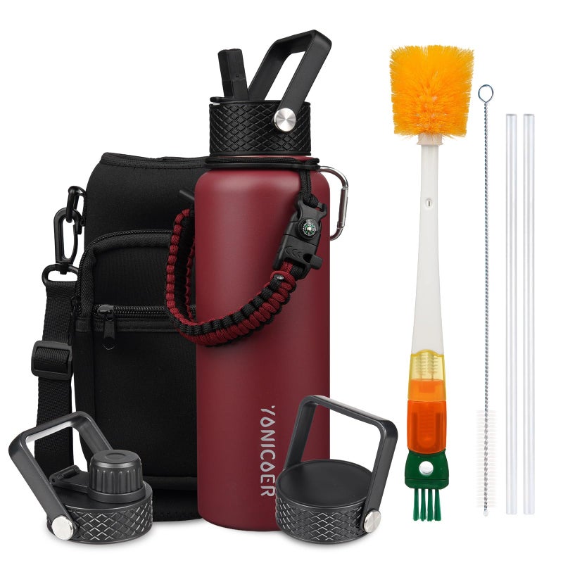 YONICOER Insulated Water Bottle 40oz,Triple Wall Vacuum Stainless Steel(Dishwasher Safe),Leak Proof & Non-BPA,Flask Jug with Paracord Handle & Straw Spout Lids Sports Red - Image 1