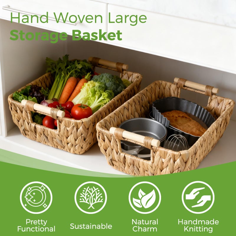 S310 2 Pack Wicker Storage Baskets with Wooden Handles, Large Water Hyacinth Basket for Organizing Shelves, Natural Woven Storage Baskets for Snack, Gift - Image 3