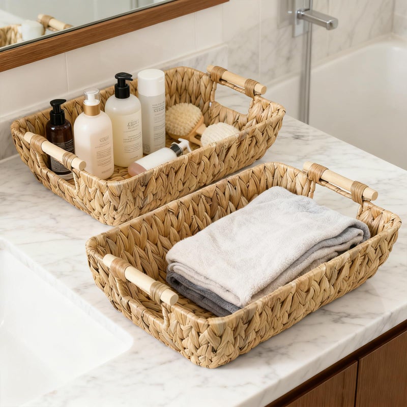 S310 2 Pack Wicker Storage Baskets with Wooden Handles, Large Water Hyacinth Basket for Organizing Shelves, Natural Woven Storage Baskets for Snack, Gift - Image 2