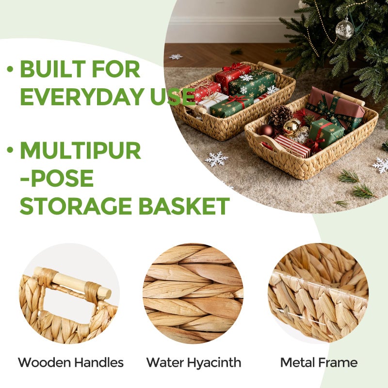 S310 2 Pack Wicker Storage Baskets with Wooden Handles, Large Water Hyacinth Basket for Organizing Shelves, Natural Woven Storage Baskets for Snack, Gift - Image 5
