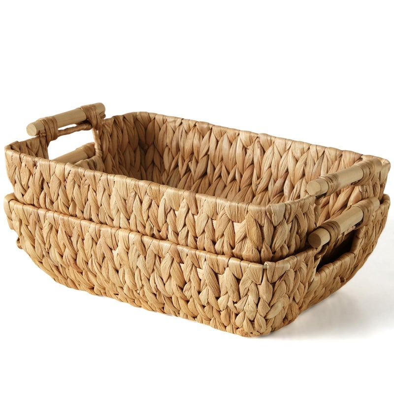 S310 2 Pack Wicker Storage Baskets with Wooden Handles, Large Water Hyacinth Basket for Organizing Shelves, Natural Woven Storage Baskets for Snack, Gift - Image 1
