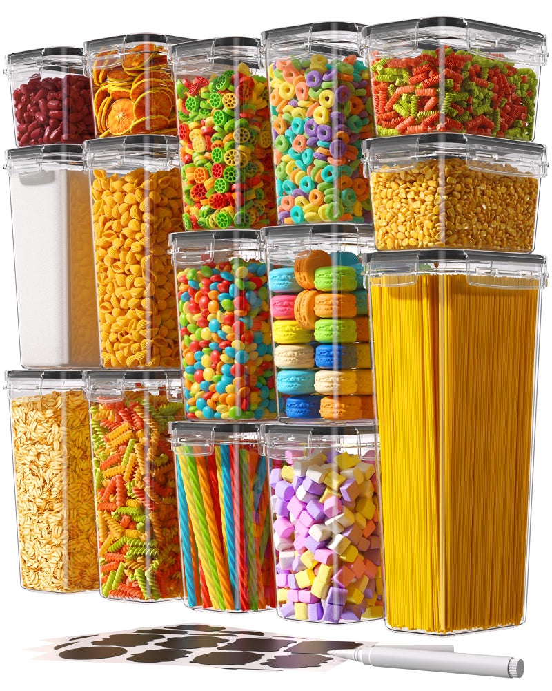 KEMETHY Airtight Food Storage Containers with Lids, 15 PCS Kitchen and Pantry Organization Canisters, BPA-Free, PVC-Free, Food-grade Plastic Leak-proof Jars for Cereal, Flour, Sugar, Extra 24 Labels & Marker - Image 1