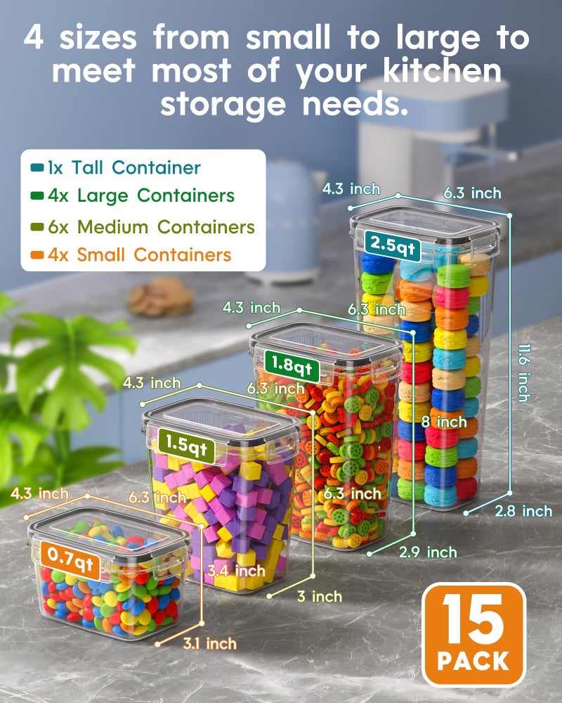 KEMETHY Airtight Food Storage Containers with Lids, 15 PCS Kitchen and Pantry Organization Canisters, BPA-Free, PVC-Free, Food-grade Plastic Leak-proof Jars for Cereal, Flour, Sugar, Extra 24 Labels & Marker - Image 2