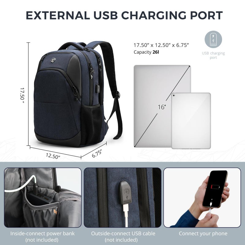 Swissdigital Design Travel Laptop Backpack for Men and Women, Business Backpack with USB Charging Port for Fits 16 Inch Notebook, Blue | SD1670-12 - Image 3