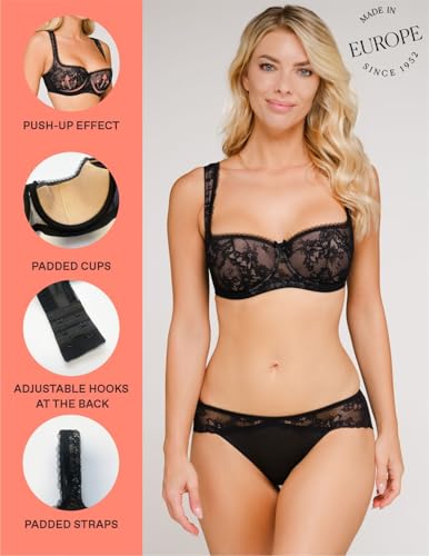 Rosme Women's Balconette Bra with Push Up Effect – Plus Size Sexy Lace Demi Half Cup Bra – Lightly Padded Underwired Low Cut Mesh Design Eliza, Black, Size 34DDD - Image 4
