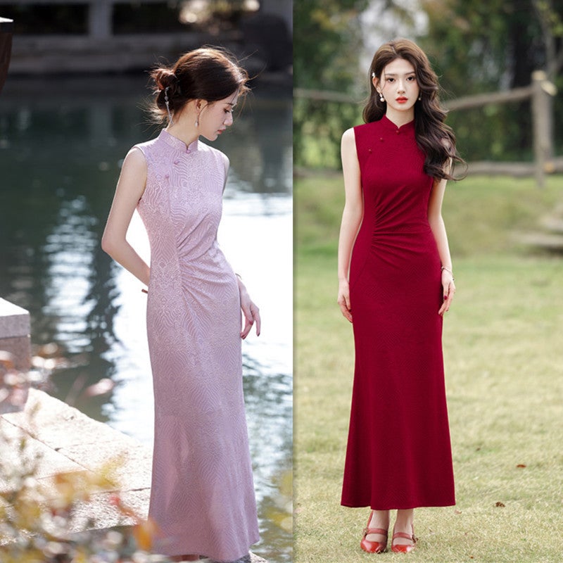 Ai Qi Embroidered Knitted Long Sleeveless Fishtail Cheongsam 2025 Spring Want New Improved New Chinese Style Daily Wear Cheongsam - Image 2