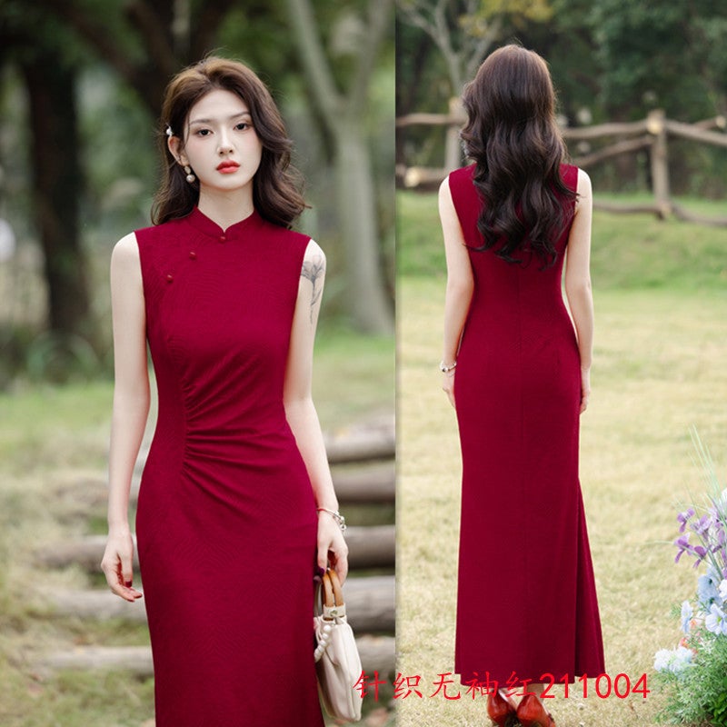 Ai Qi Embroidered Knitted Long Sleeveless Fishtail Cheongsam 2025 Spring Want New Improved New Chinese Style Daily Wear Cheongsam - Image 3