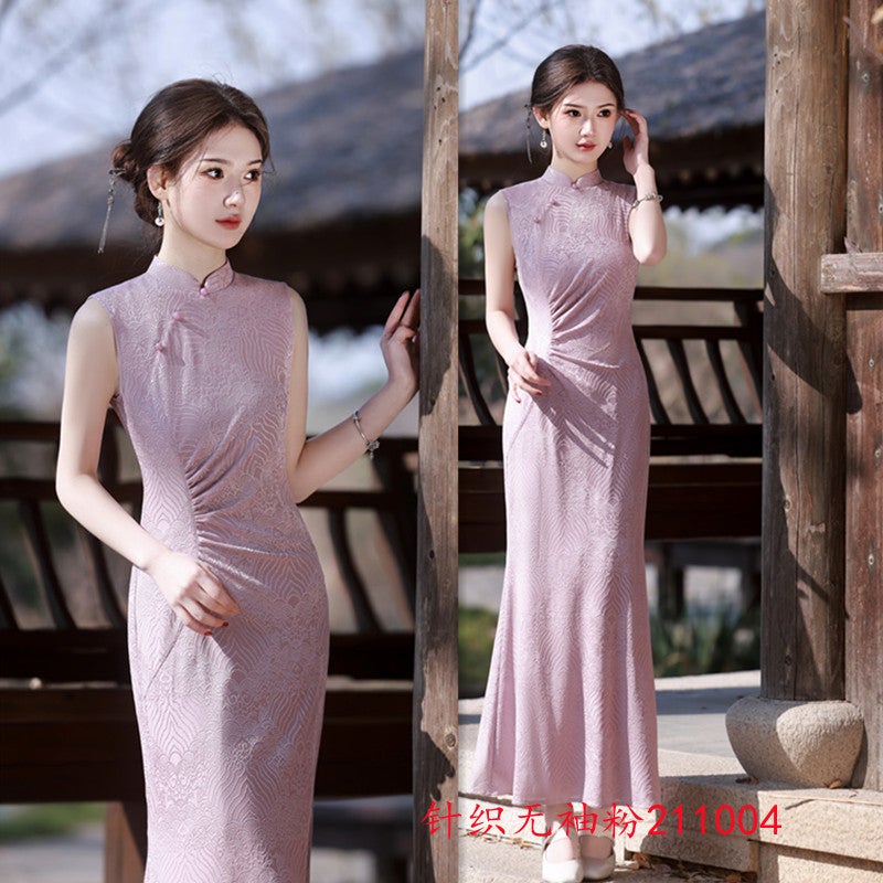 Ai Qi Embroidered Knitted Long Sleeveless Fishtail Cheongsam 2025 Spring Want New Improved New Chinese Style Daily Wear Cheongsam - Image 1