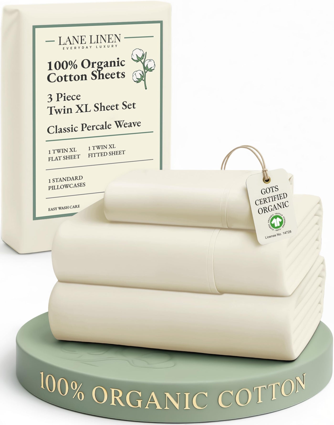 LANE LINEN 100% Organic Cotton Twin XL Sheets Set, 3-Piece Pure Organic Cotton Percale Sheets, Cotton Bedsheets, Ultra Soft Bedding Sheets, Breathable, Fits Mattress Upto 15" Deep - Natural