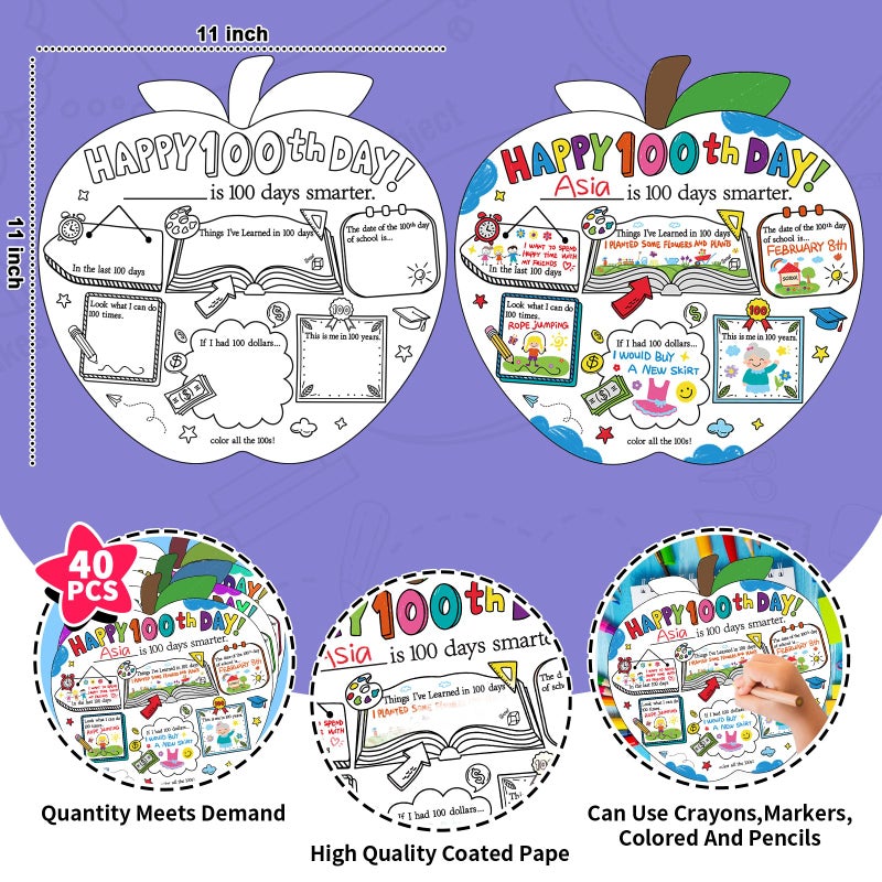 Hedeey Happy 100th Day of School Coloring Posters 100 Days of School Activities Poster for Kids Student Classroom Supplies (40Pcs 11 X 11Inch) - Image 2