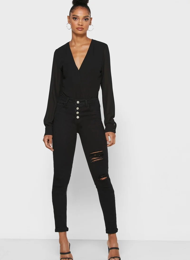 Ginger Button Fly Ripped Skinny Jeans