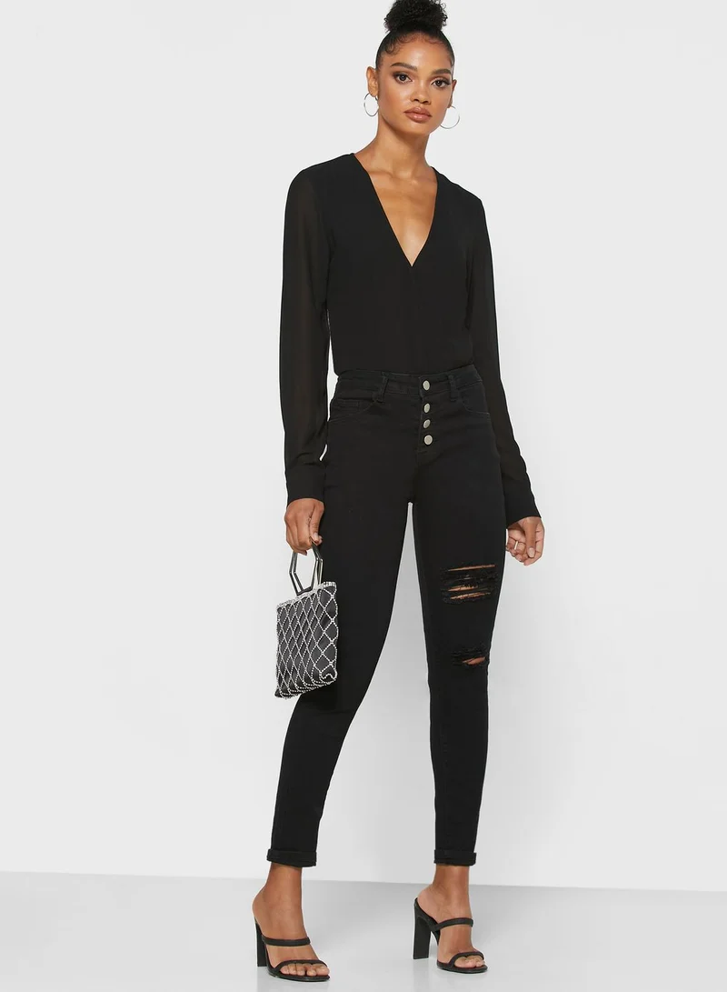 Ginger Button Fly Ripped Skinny Jeans