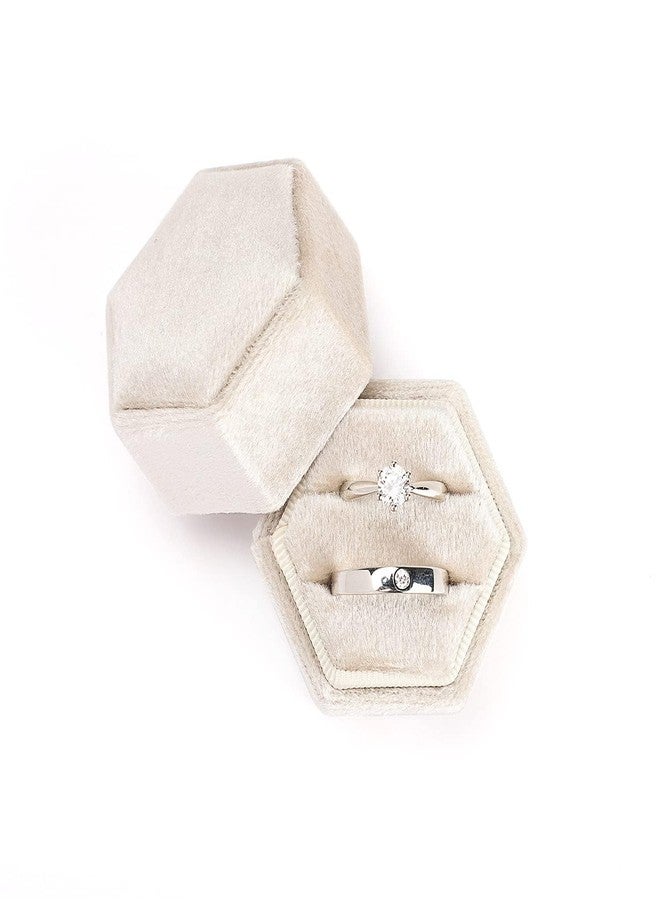Etercycle Velvet Jewelry Ring Box, Hexagon Premium Gorgeous Vintage Double Ring Gift Box with Detachable Lid for Proposal Engagement Wedding Ceremony(Beige) - Image 1