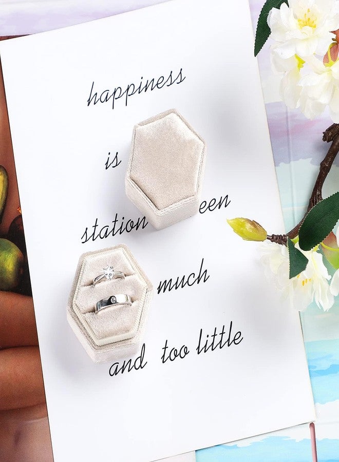Etercycle Velvet Jewelry Ring Box, Hexagon Premium Gorgeous Vintage Double Ring Gift Box with Detachable Lid for Proposal Engagement Wedding Ceremony(Beige) - Image 2