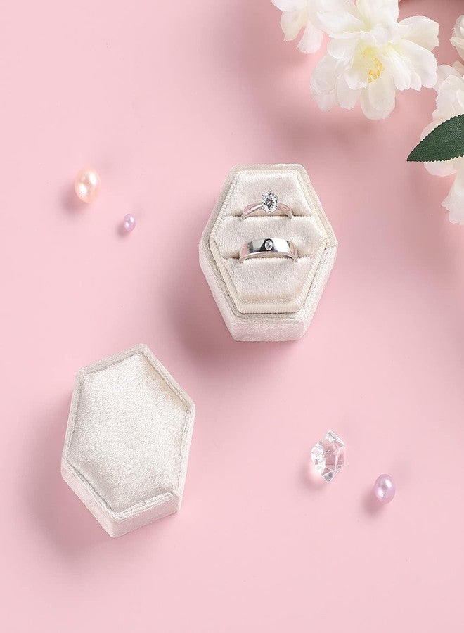 Etercycle Velvet Jewelry Ring Box, Hexagon Premium Gorgeous Vintage Double Ring Gift Box with Detachable Lid for Proposal Engagement Wedding Ceremony(Beige) - Image 5