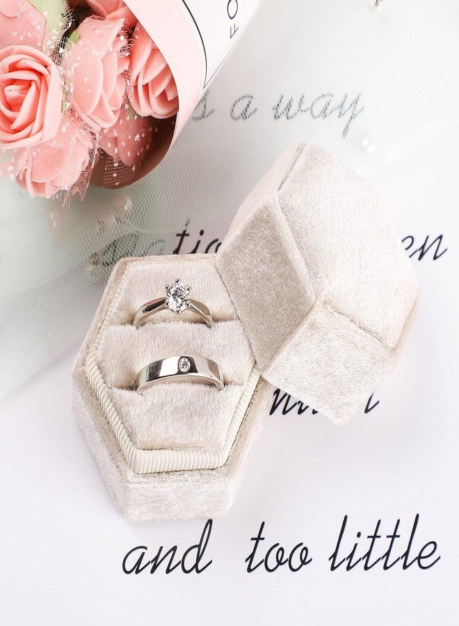 Etercycle Velvet Jewelry Ring Box, Hexagon Premium Gorgeous Vintage Double Ring Gift Box with Detachable Lid for Proposal Engagement Wedding Ceremony(Beige) - Image 4