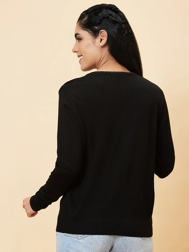 globus Women Shiny V-Neck Ribbed Hem Sweater