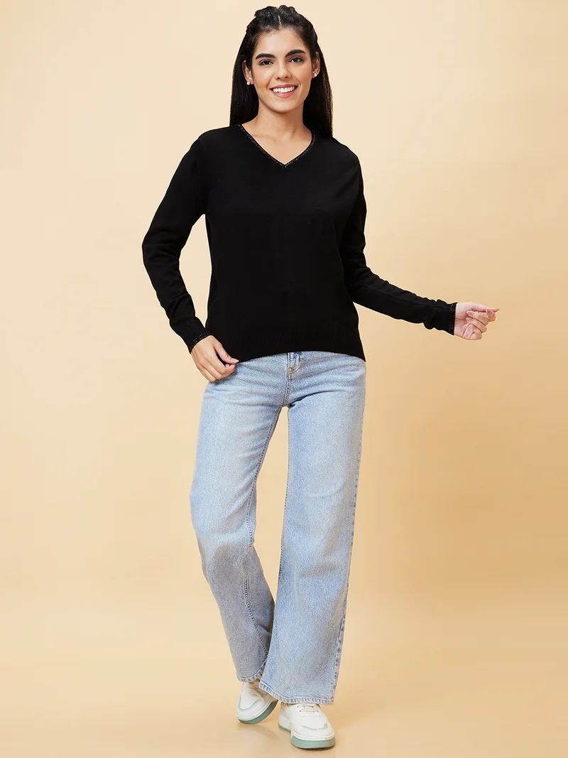 globus Women Shiny V-Neck Ribbed Hem Sweater