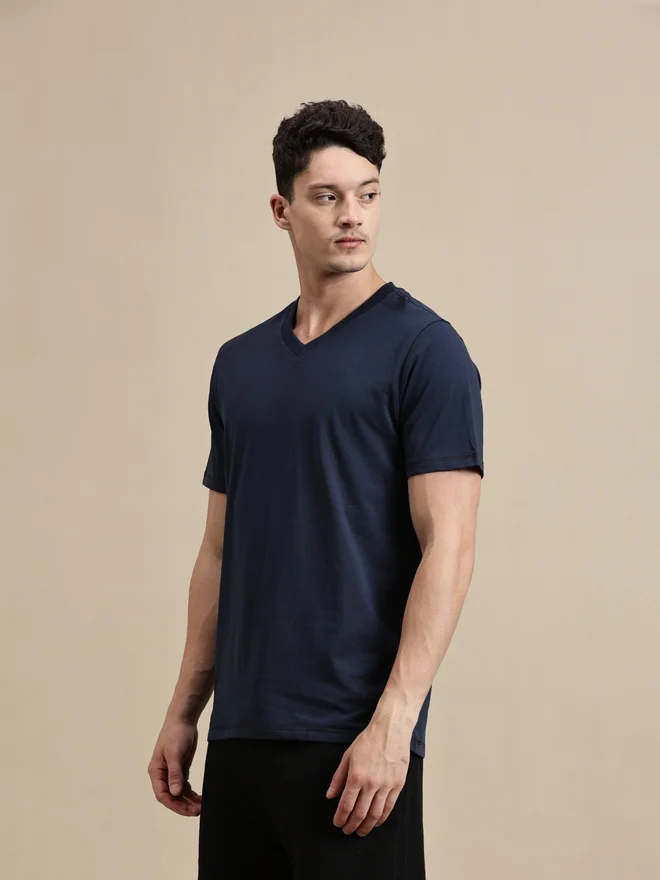 ECOLORE Men Navy Blue V Neck Slim Fit T-Shirt