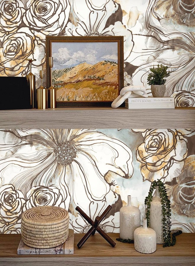 NextWall Harry & Grace Ink Rose Abstract Floral Peel and Stick Wallpaper (Mocha & Blue Mist) - Image 5