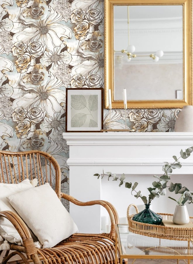 NextWall Harry & Grace Ink Rose Abstract Floral Peel and Stick Wallpaper (Mocha & Blue Mist) - Image 2