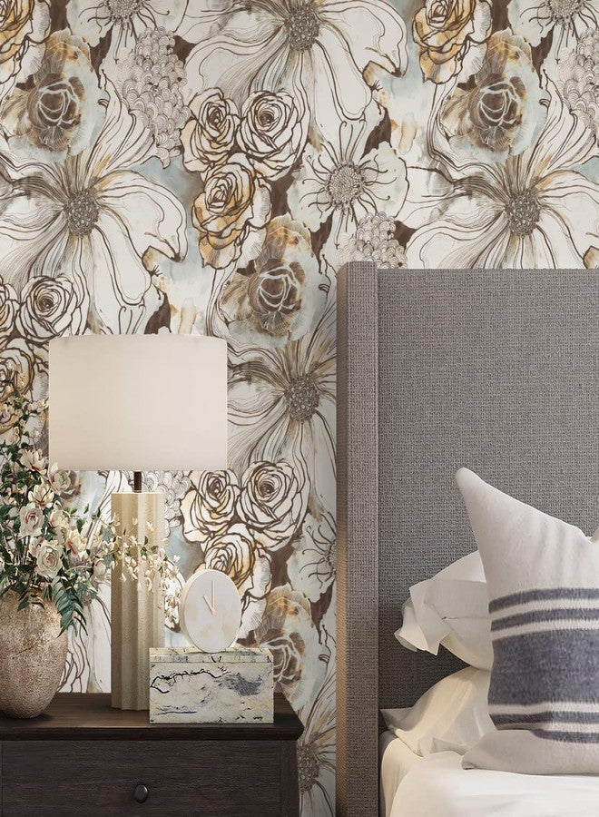 NextWall Harry & Grace Ink Rose Abstract Floral Peel and Stick Wallpaper (Mocha & Blue Mist) - Image 3