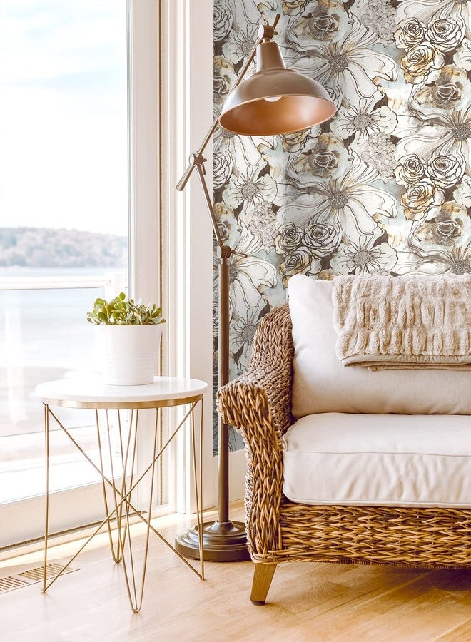 NextWall Harry & Grace Ink Rose Abstract Floral Peel and Stick Wallpaper (Mocha & Blue Mist) - Image 4