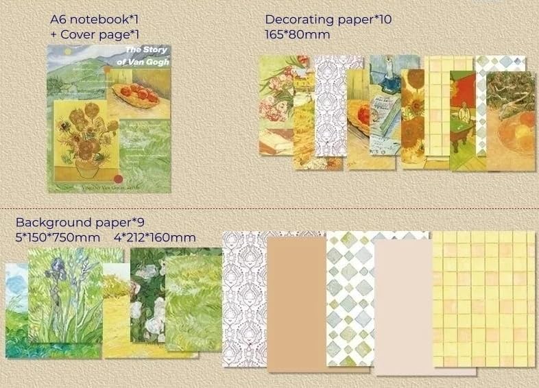 MGNLR مجموعة ألبوم الصور الجمالية القديمة (346 قطعة) مجموعة مستلزمات ألبوم الصور مع دفتر ملاحظات شبكي A6، هدية يوميات للبنات (ألبوم فان جوخ الأصفر) - Image 3