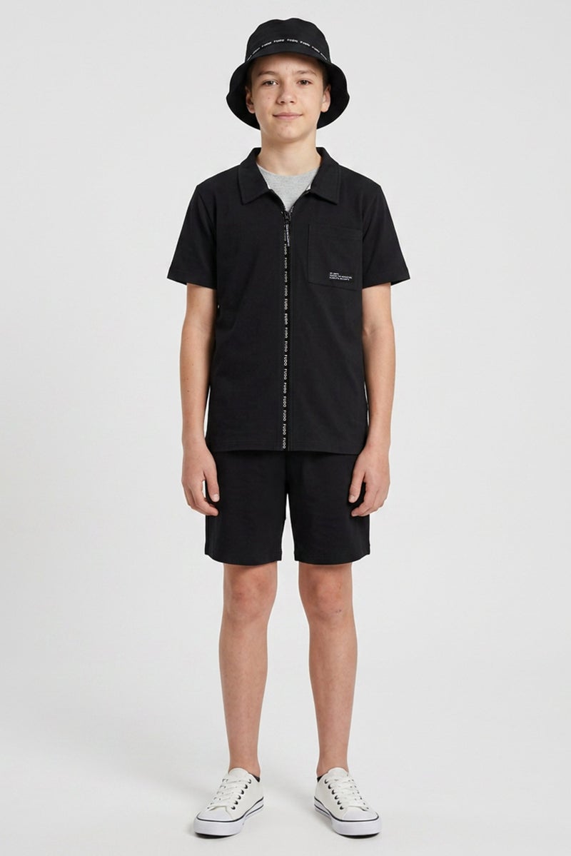 Fudo Kids Boy 3 Pieces Brand Logo Shirt With Shorts And Bucket Hat Set, Black - Image 1