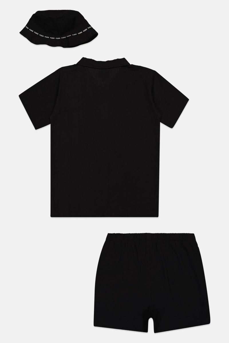 Fudo Kids Boy 3 Pieces Brand Logo Shirt With Shorts And Bucket Hat Set, Black - Image 3