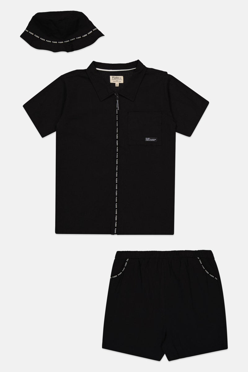 Fudo Kids Boy 3 Pieces Brand Logo Shirt With Shorts And Bucket Hat Set, Black - Image 2