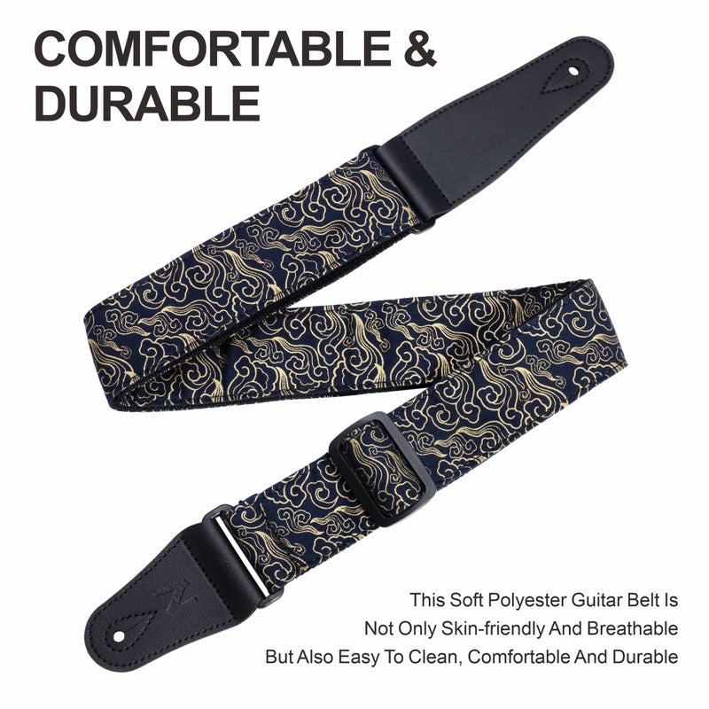 Nefelibata Guitar Strap Japan Printed Cotton Original Design Adjustable Guitar Strap with Long Leather Ends,Include Strap Button,Guitar Picks and Strap Locks(Auspicious Cloud) - Image 2