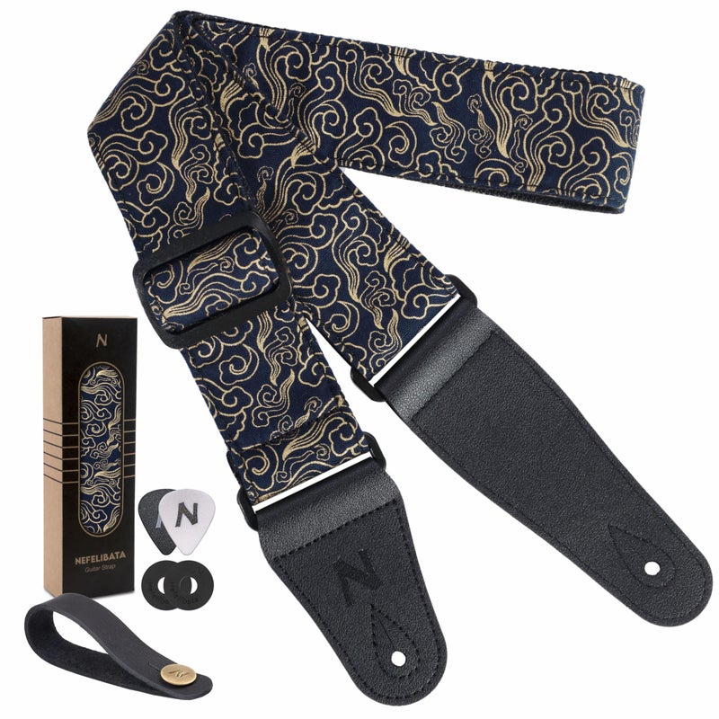 Nefelibata Guitar Strap Japan Printed Cotton Original Design Adjustable Guitar Strap with Long Leather Ends,Include Strap Button,Guitar Picks and Strap Locks(Auspicious Cloud) - Image 1